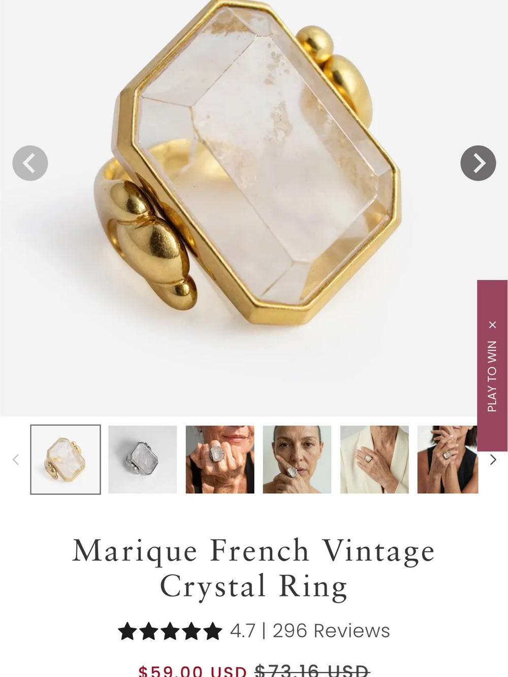 Voisson French Vintage Crystal Ring - Gold with Clear Crystal Sz 9